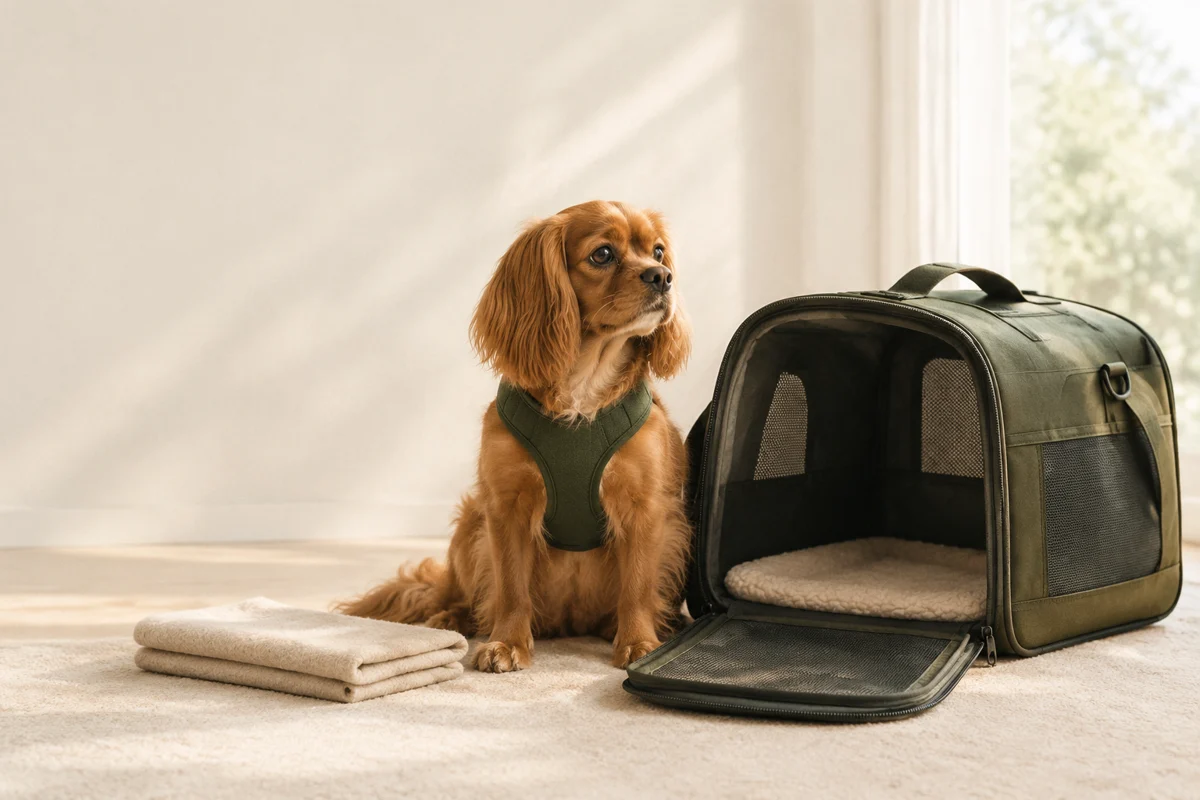A dog beside a travel carrier, a travel illustration